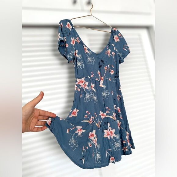 Roxy Shoulder Shimmy Sweetheart Floral Palm Print Mini Dress In Blue lSize M - Picture 6 of 16
